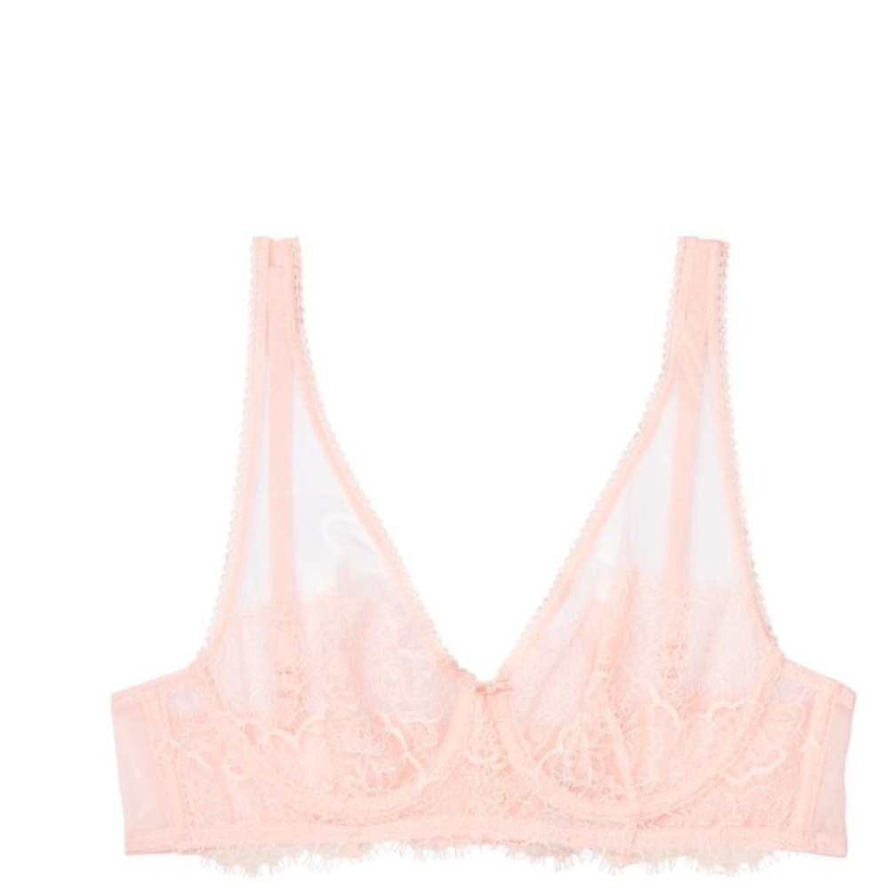 Victoria's Secret Angels Floral Lace Bra | Sheer, mesh, Plunge unlined Pink 32DD - Picture 3 of 9